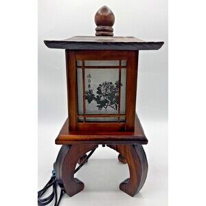 Vintage Traditional Asian Wood Hanji Style Pagoda Table Lamp 13.5” Euro Plug
